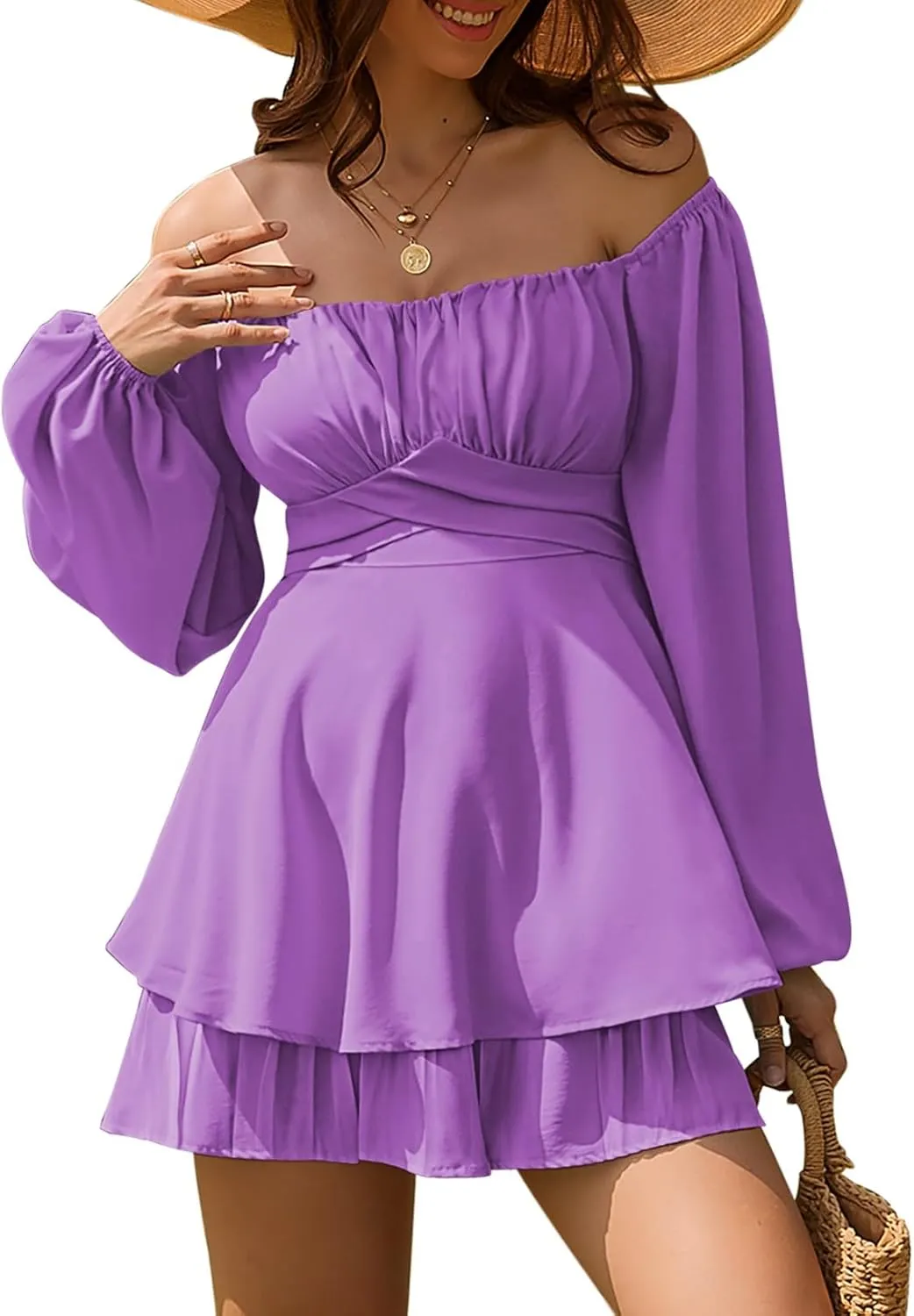 Linsery Womens Ruffle Long Sleeve Short Rompers Sexy Layered Tie Waist Chiffon One Piece Outfits Solid Jumpsuit