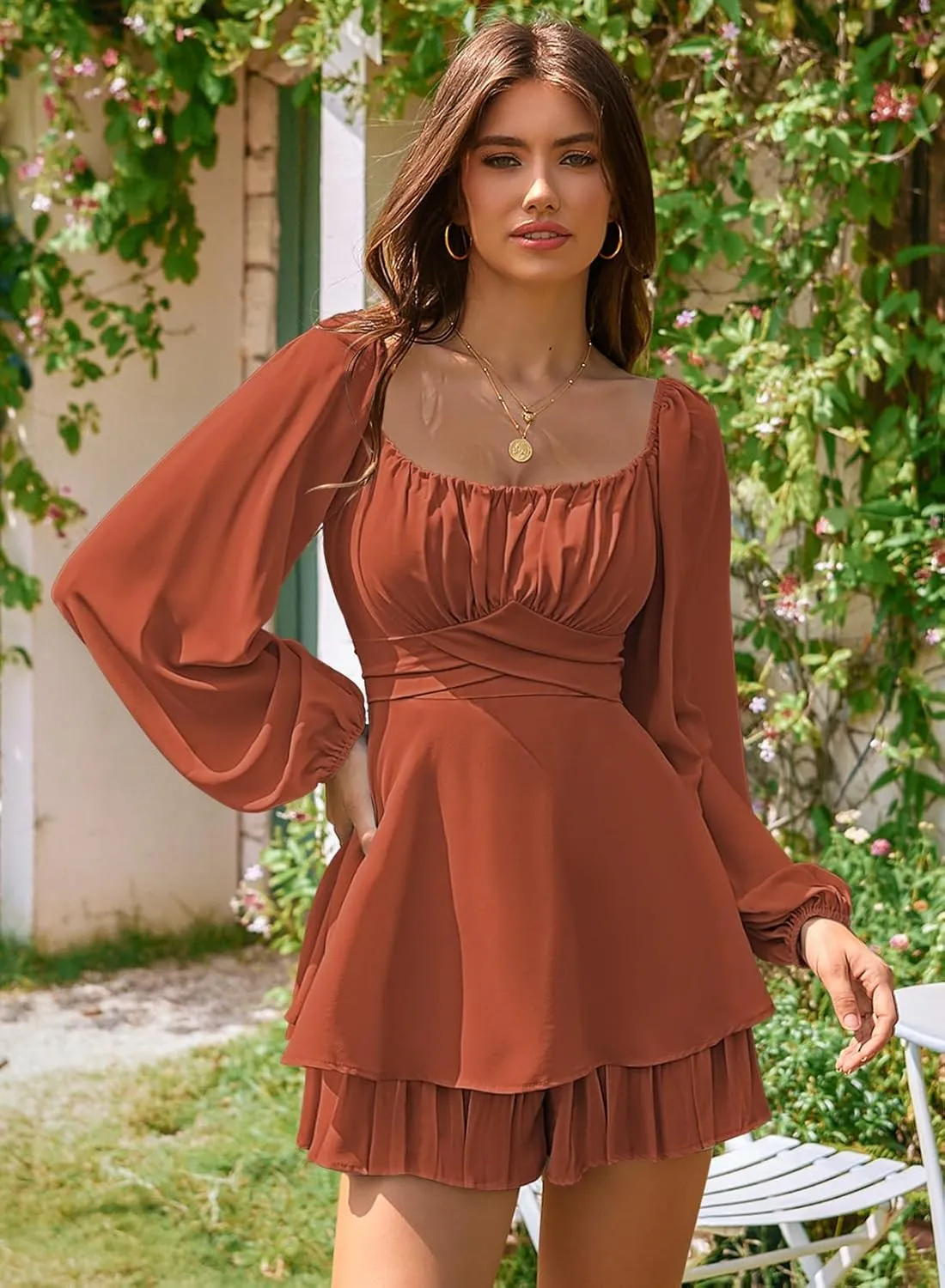 Linsery Womens Ruffle Long Sleeve Short Rompers Sexy Layered Tie Waist Chiffon One Piece Outfits Solid Jumpsuit