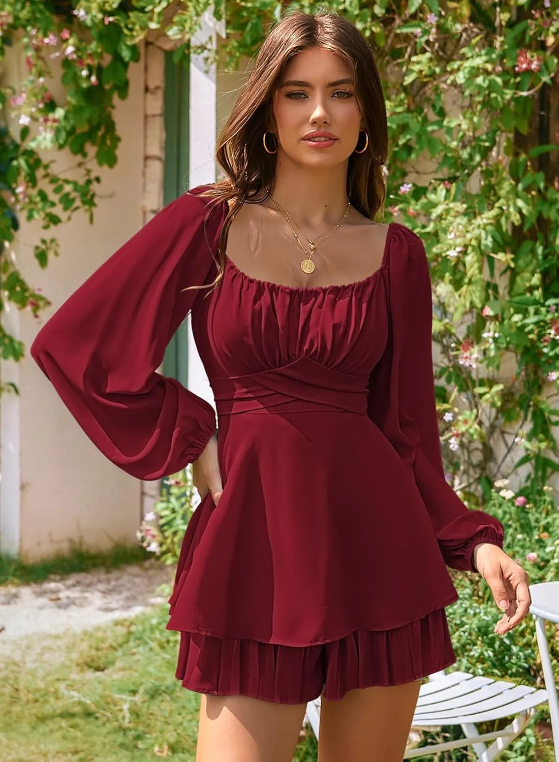 Linsery Womens Ruffle Long Sleeve Short Rompers Sexy Layered Tie Waist Chiffon One Piece Outfits Solid Jumpsuit