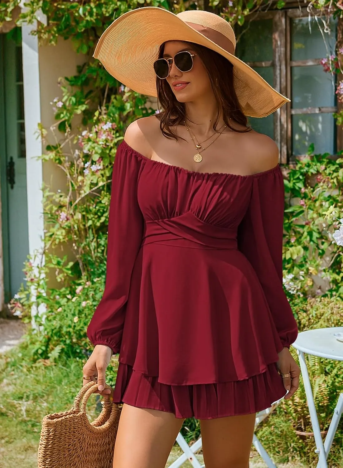 Linsery Womens Ruffle Long Sleeve Short Rompers Sexy Layered Tie Waist Chiffon One Piece Outfits Solid Jumpsuit