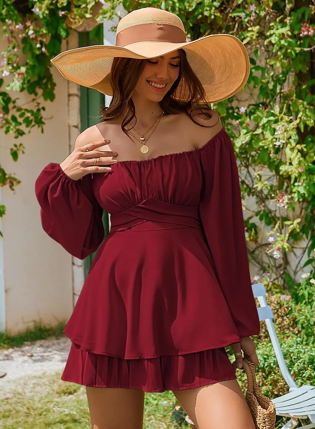 Linsery Womens Ruffle Long Sleeve Short Rompers Sexy Layered Tie Waist Chiffon One Piece Outfits Solid Jumpsuit