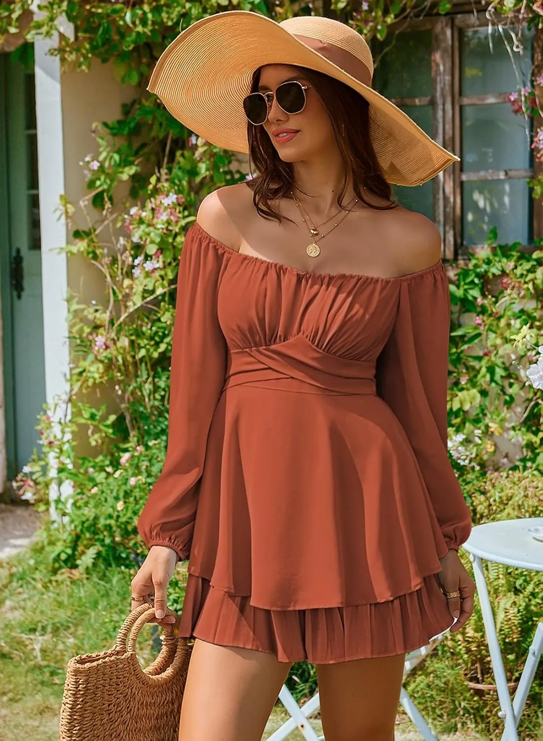 Linsery Womens Ruffle Long Sleeve Short Rompers Sexy Layered Tie Waist Chiffon One Piece Outfits Solid Jumpsuit