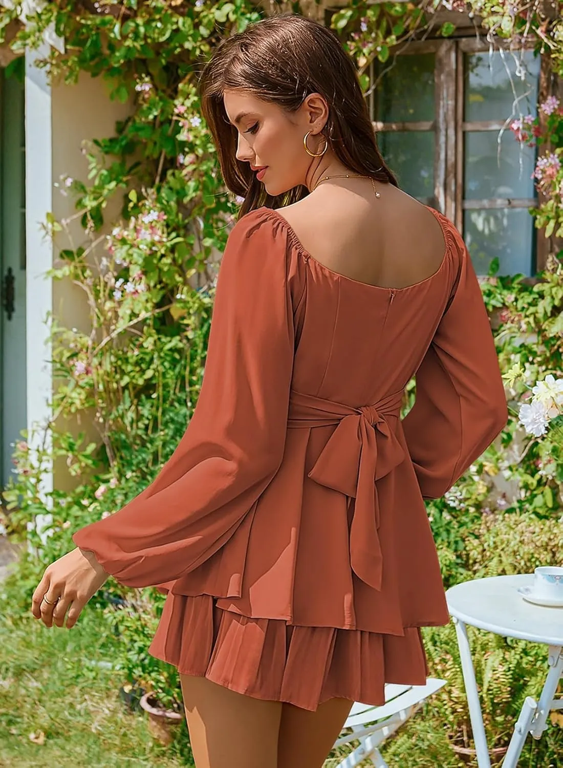 Linsery Womens Ruffle Long Sleeve Short Rompers Sexy Layered Tie Waist Chiffon One Piece Outfits Solid Jumpsuit