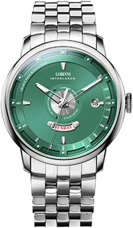 LOBINNI Men Automatic Watch 41MM Mechanical Wristwatch 5ATM Sapphire Luminous Dual Calendar Week Date (Green)