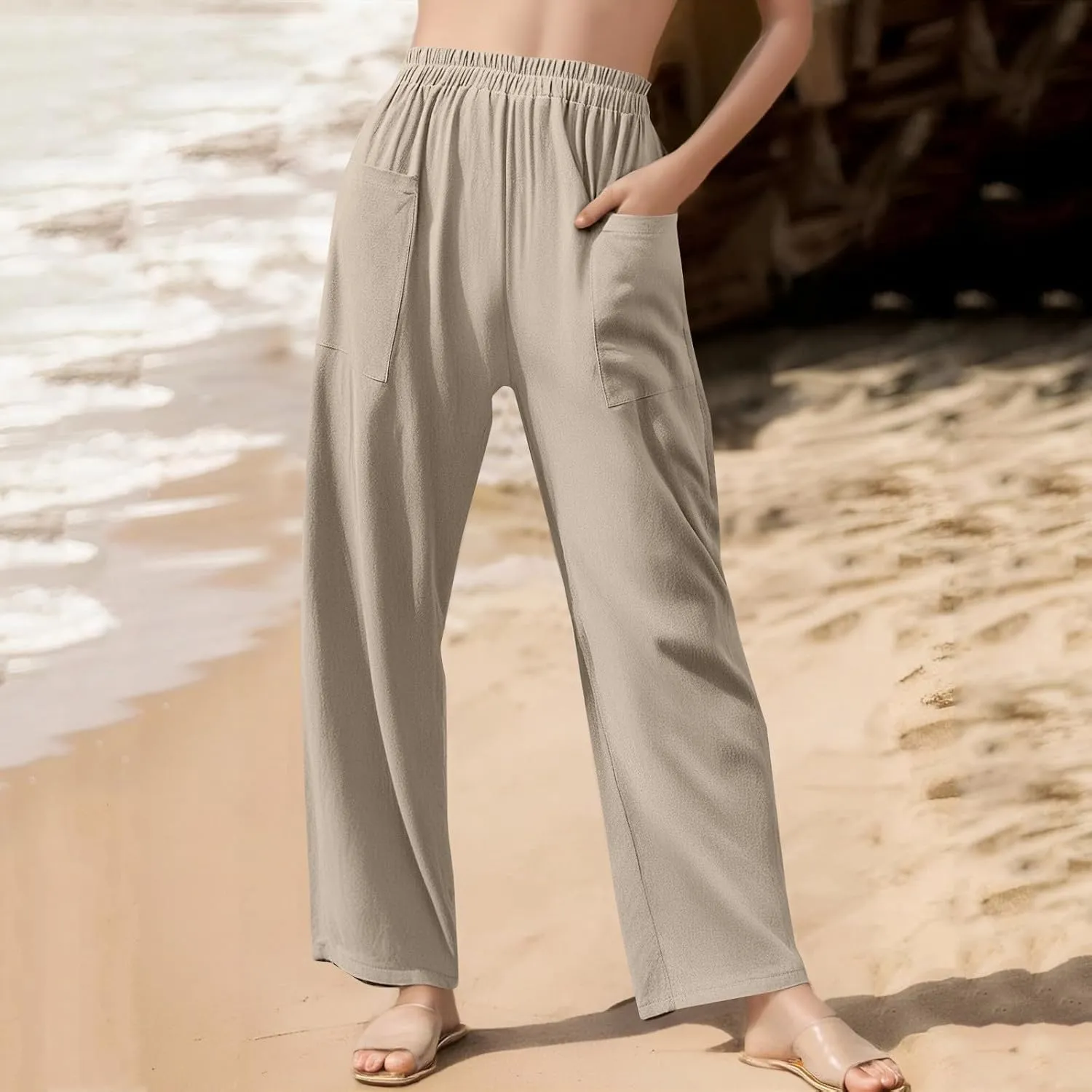 Long Linen Pants for Women Tall Summer High Waist Wide Pants Palazzo Pant Boho Maternity Trousers with Pockets