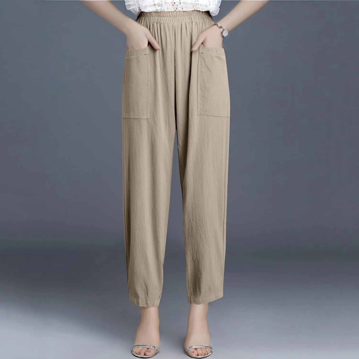 Long Linen Pants for Women Tall Summer High Waist Wide Pants Palazzo Pant Boho Maternity Trousers with Pockets
