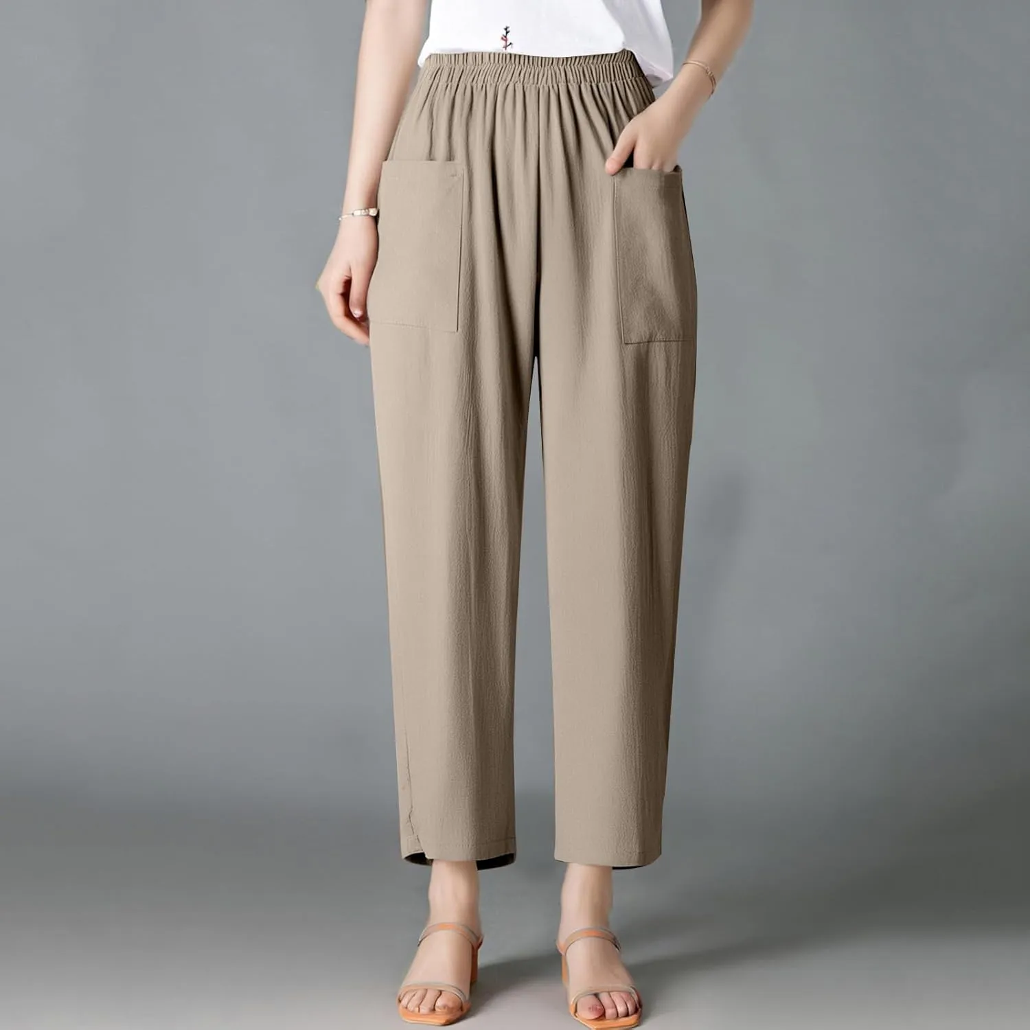 Long Linen Pants for Women Tall Summer High Waist Wide Pants Palazzo Pant Boho Maternity Trousers with Pockets
