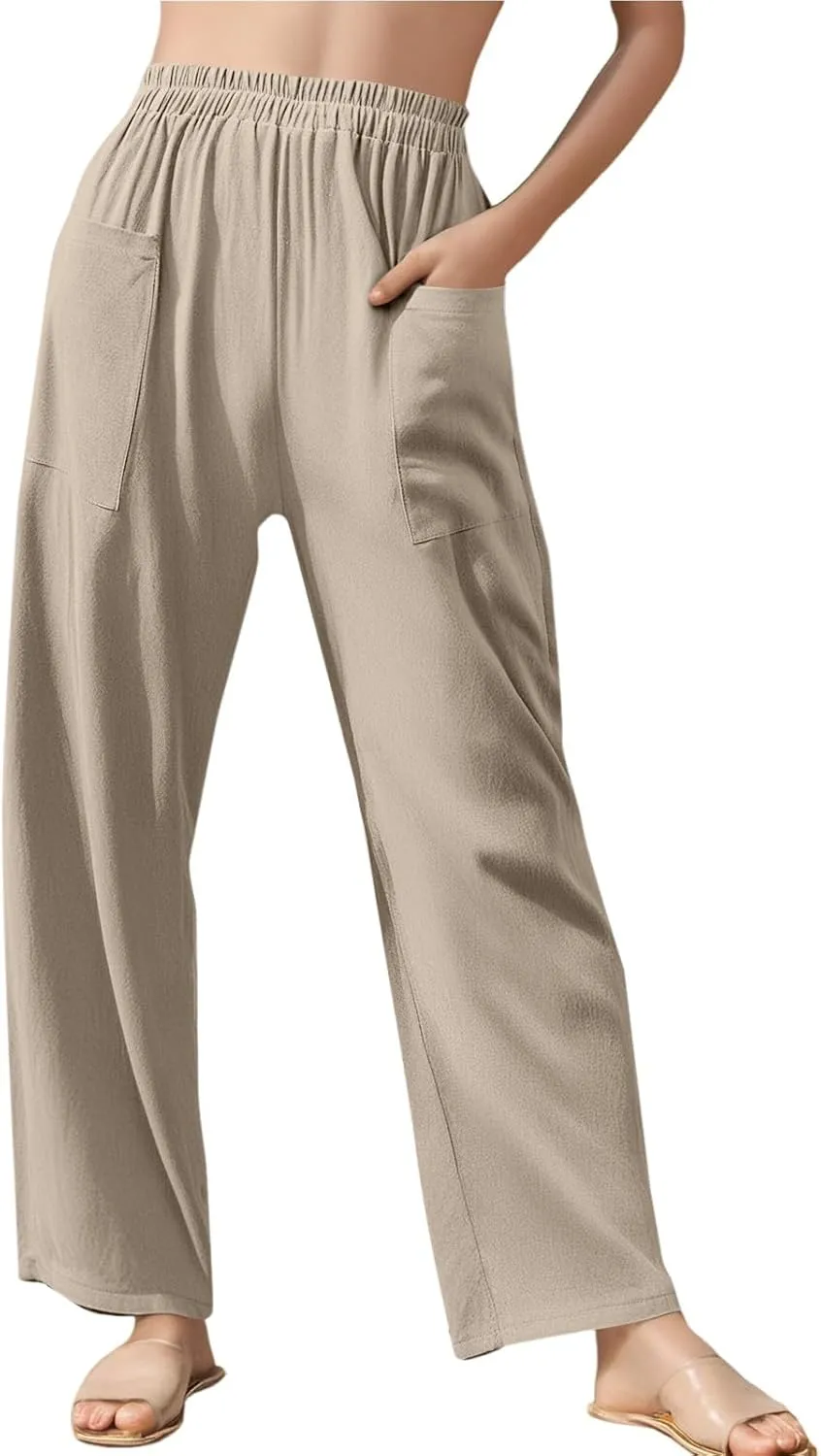 Long Linen Pants for Women Tall Summer High Waist Wide Pants Palazzo Pant Boho Maternity Trousers with Pockets