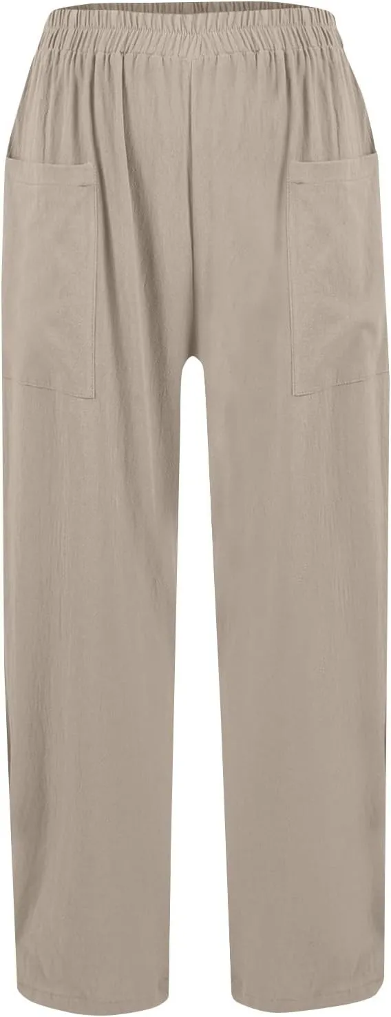 Long Linen Pants for Women Tall Summer High Waist Wide Pants Palazzo Pant Boho Maternity Trousers with Pockets