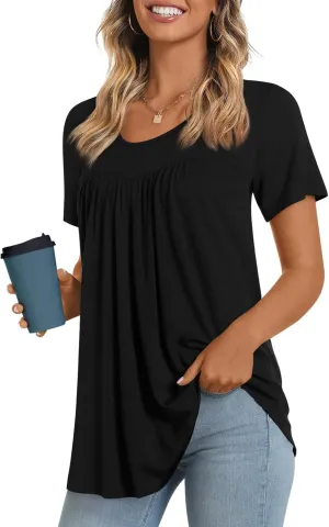 LONGYUAN Womens Tunic Tops 2025 Short Sleeve Shirts Summer Casual Tee Comfy Blouses S-4XL