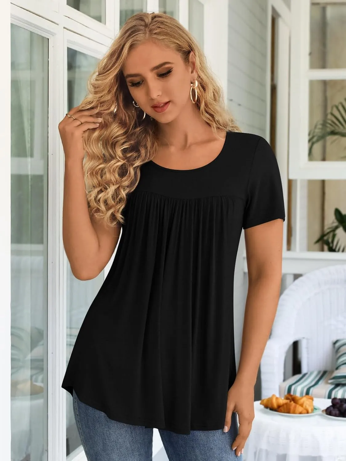 LONGYUAN Womens Tunic Tops 2025 Short Sleeve Shirts Summer Casual Tee Comfy Blouses S-4XL