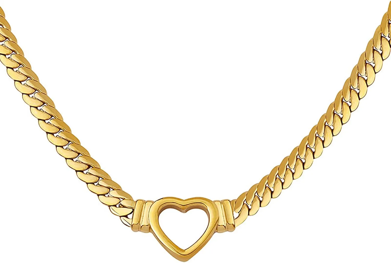 Loqimu Flat Cuban Link Chunky Chain Necklace Gold Stainless Steel Hollow Heart Charms Choker Clavicle Jewelry for Women Teen Girls