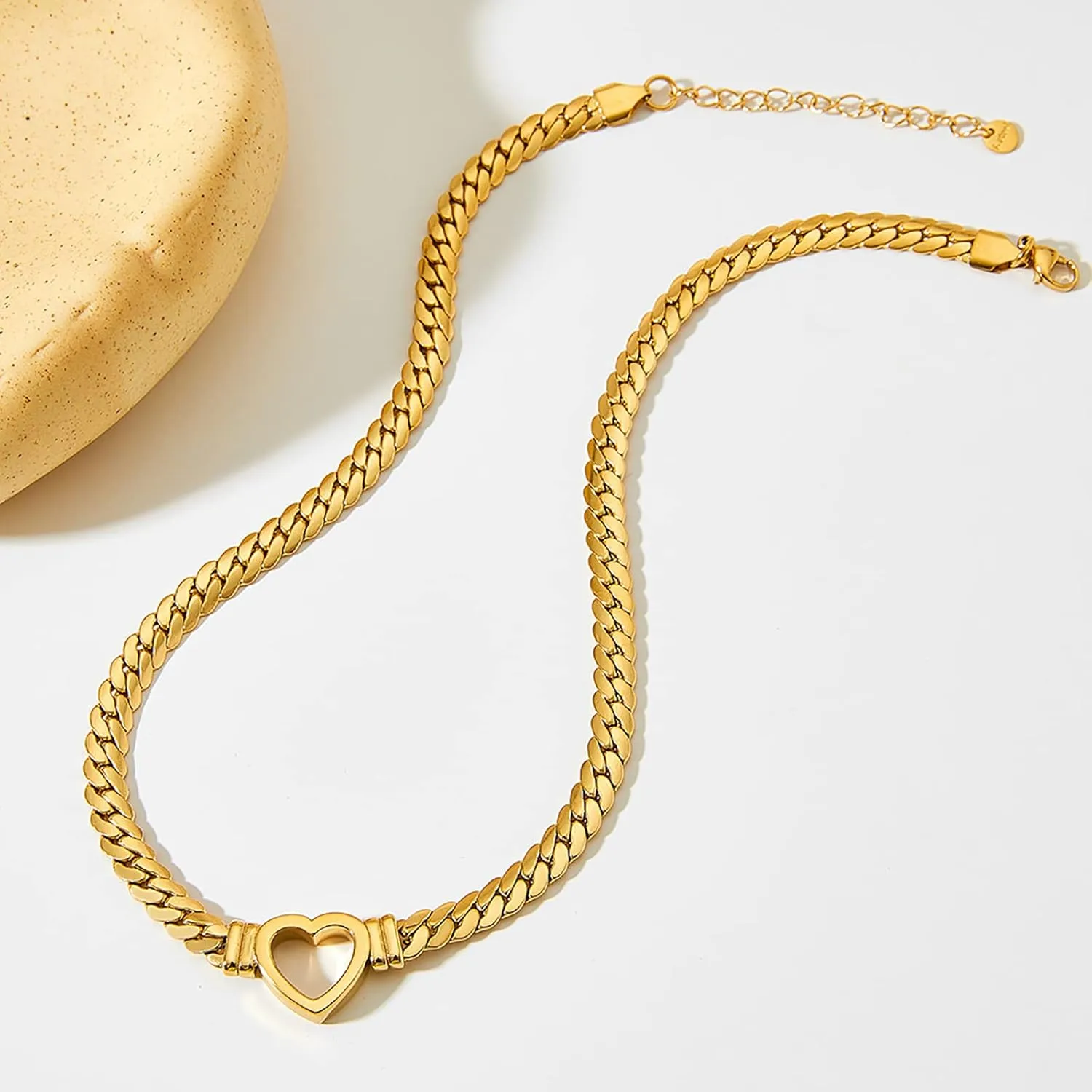 Loqimu Flat Cuban Link Chunky Chain Necklace Gold Stainless Steel Hollow Heart Charms Choker Clavicle Jewelry for Women Teen Girls