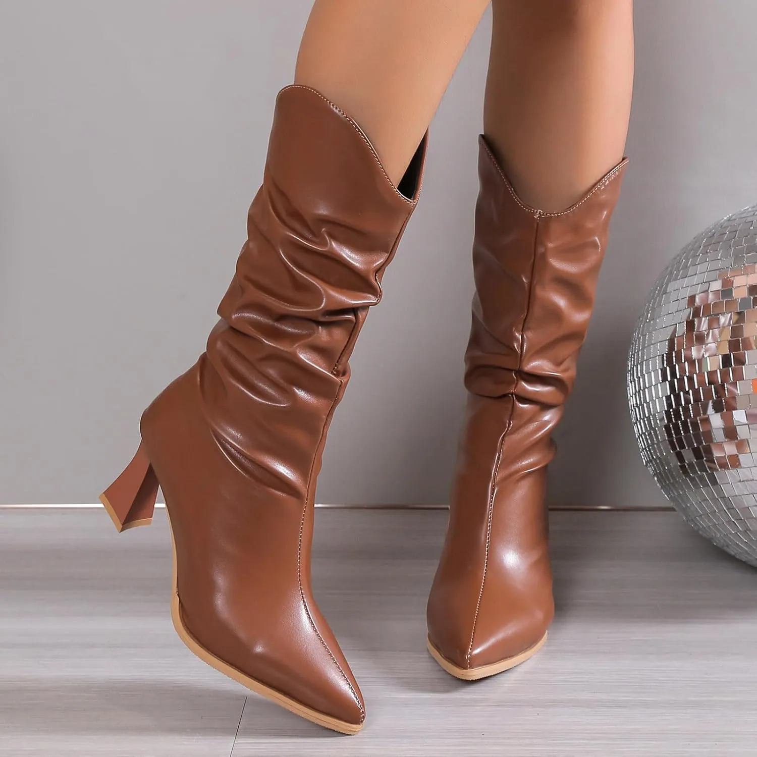 Low Heel Boots for WomenMid Calf Boots for Women Pleated Wineglass Heel Pointed Toe Western Kitten Heels Boots Comfy