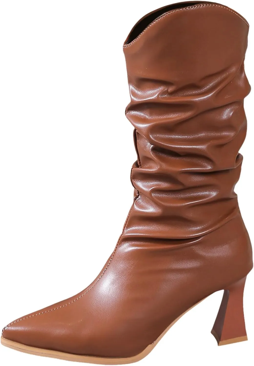 Low Heel Boots for WomenMid Calf Boots for Women Pleated Wineglass Heel Pointed Toe Western Kitten Heels Boots Comfy