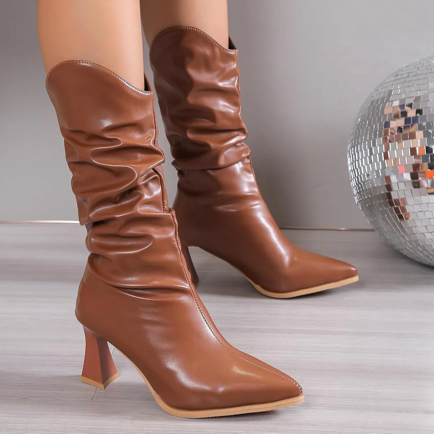 Low Heel Boots for WomenMid Calf Boots for Women Pleated Wineglass Heel Pointed Toe Western Kitten Heels Boots Comfy