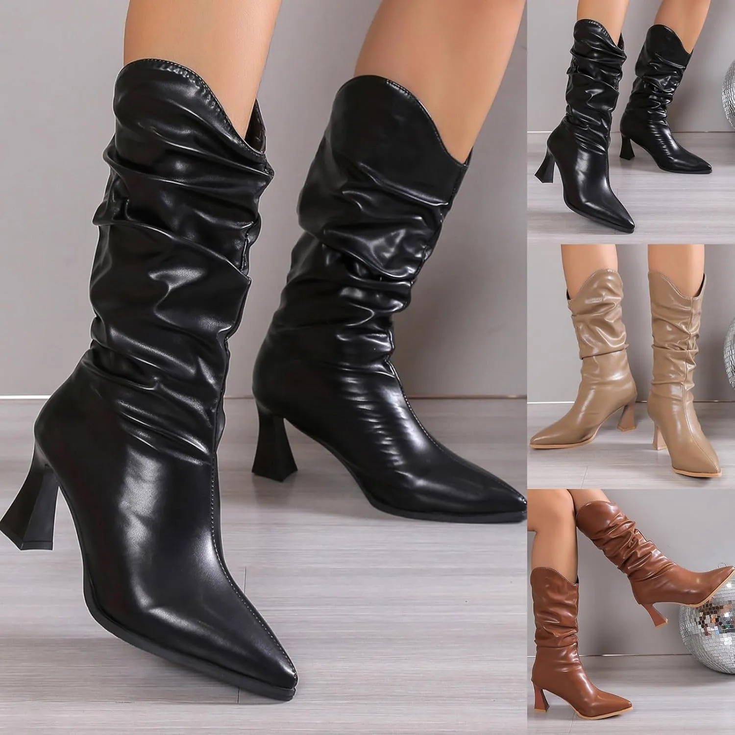 Low Heel Boots for WomenMid Calf Boots for Women Pleated Wineglass Heel Pointed Toe Western Kitten Heels Boots Comfy