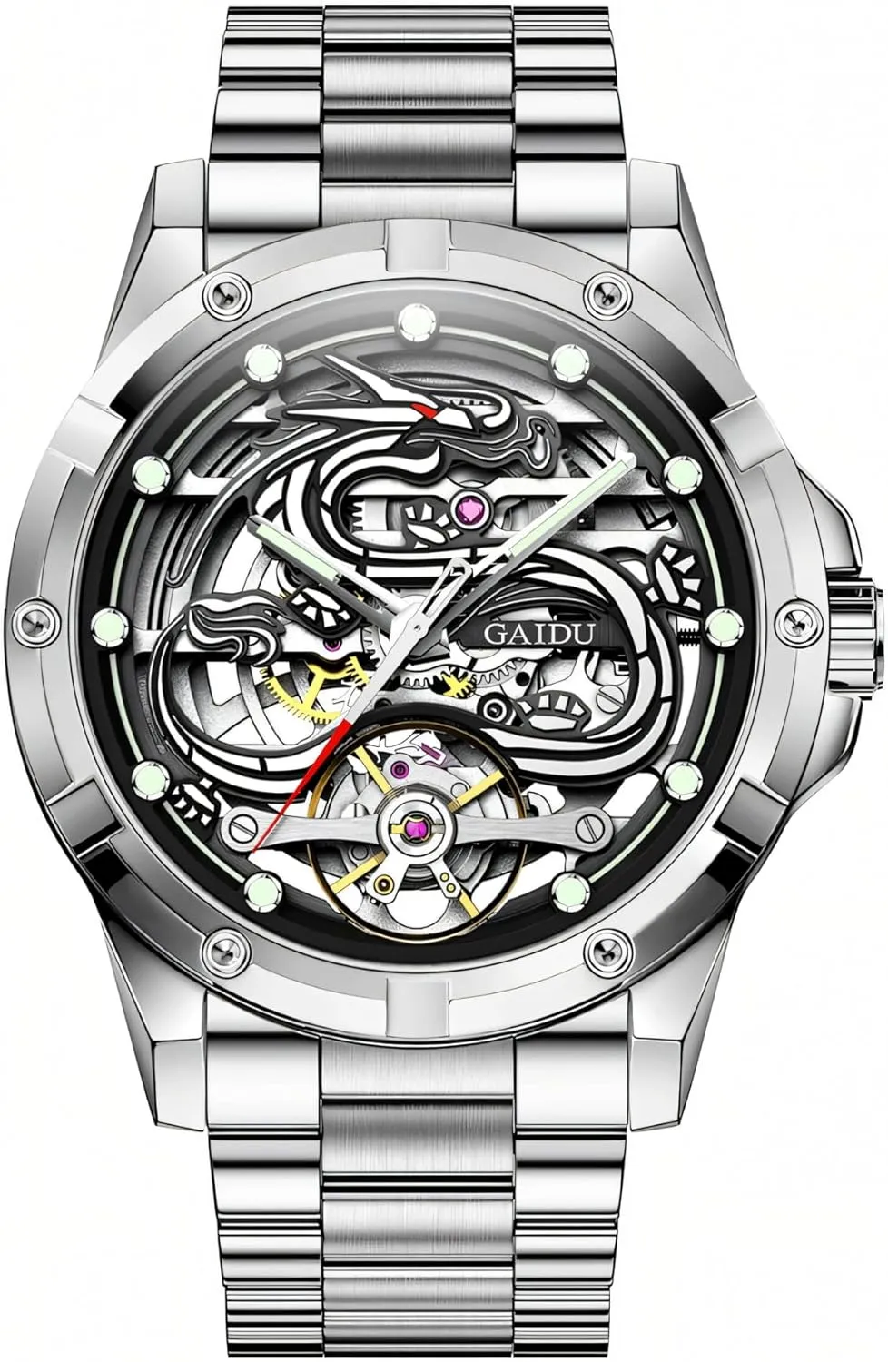 Luxury Men Tourbillon Watch Dragon Embossed Dial Hollow Skeleton Watches Stainless Steel Waterproof Luminous Automatic Mechanical Wristwatch