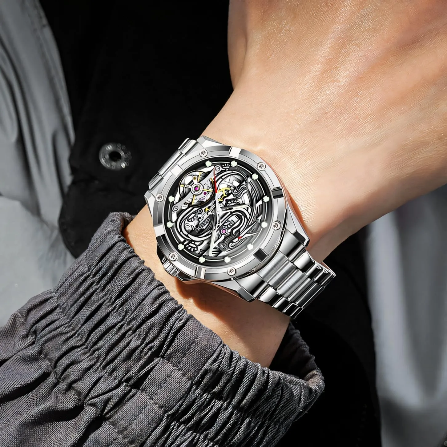 Luxury Men Tourbillon Watch Dragon Embossed Dial Hollow Skeleton Watches Stainless Steel Waterproof Luminous Automatic Mechanical Wristwatch