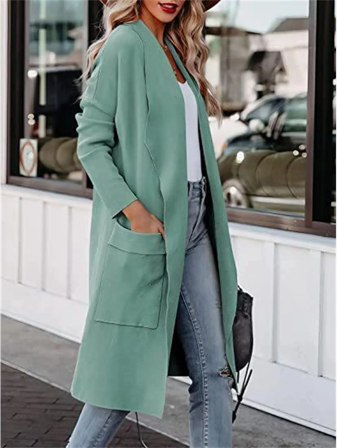 Maiyifu-GJ Women's Long Wool Blend Cardigan Sweaters Long Sleeve Lapel Casual Trench Coat Spring Fall Long Jacket Overcoat