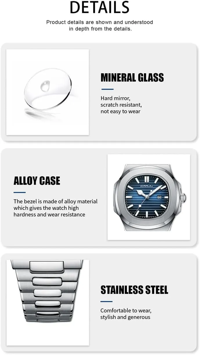 MASTOP Men's Quartz Business Watch Waterproof Luminous Date Watches for Men Stainless Steel Strap Dress Casual Wristwatch