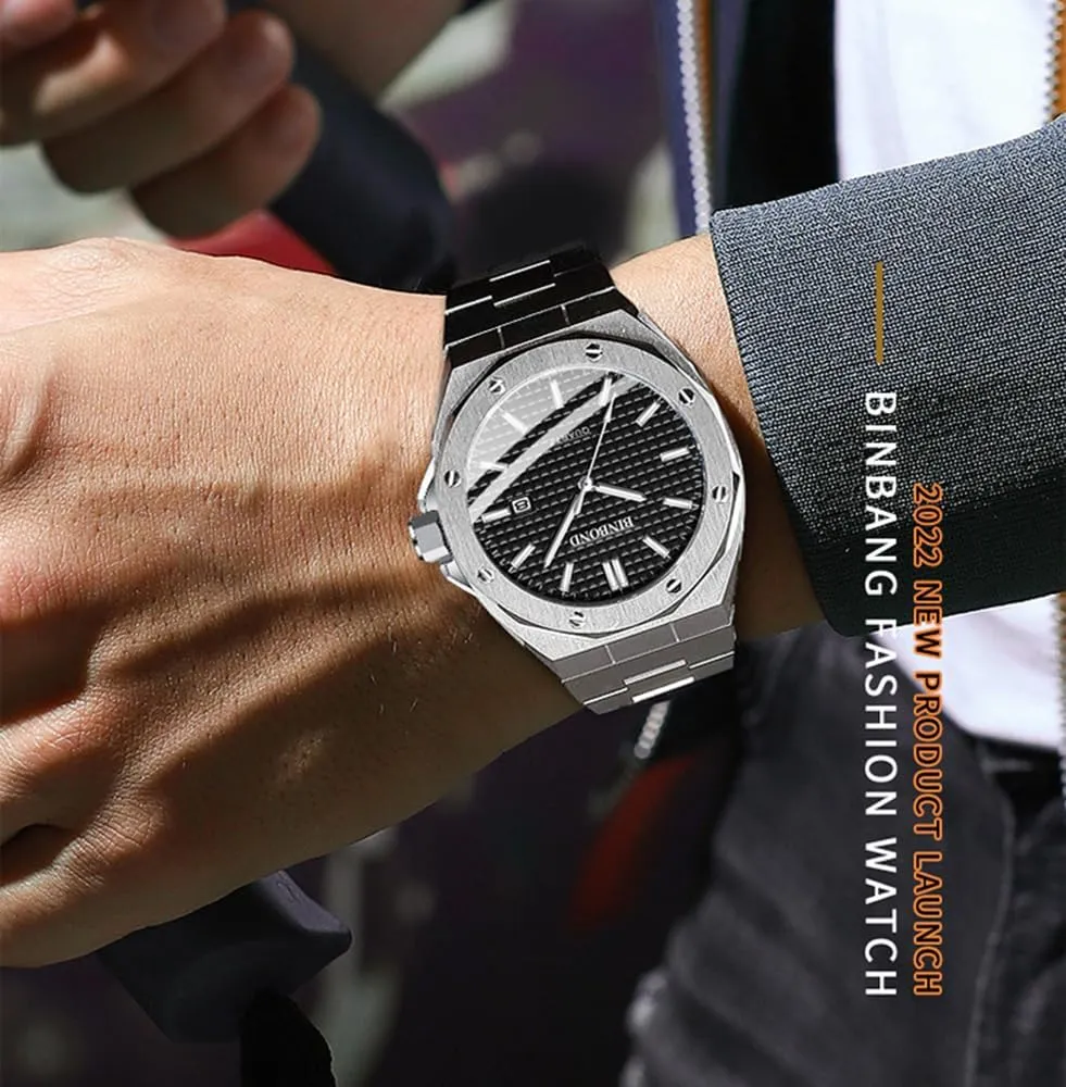 MASTOP Men's Watch Royalty Stainless Steel Business Dress Pointer Pattern Dial Stone Simple English Watch Luxury Analog Quartz Watch for Men with Date Elegant Mens