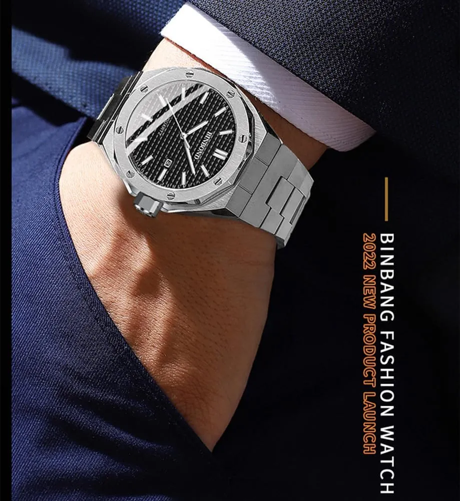 MASTOP Men's Watch Royalty Stainless Steel Business Dress Pointer Pattern Dial Stone Simple English Watch Luxury Analog Quartz Watch for Men with Date Elegant Mens