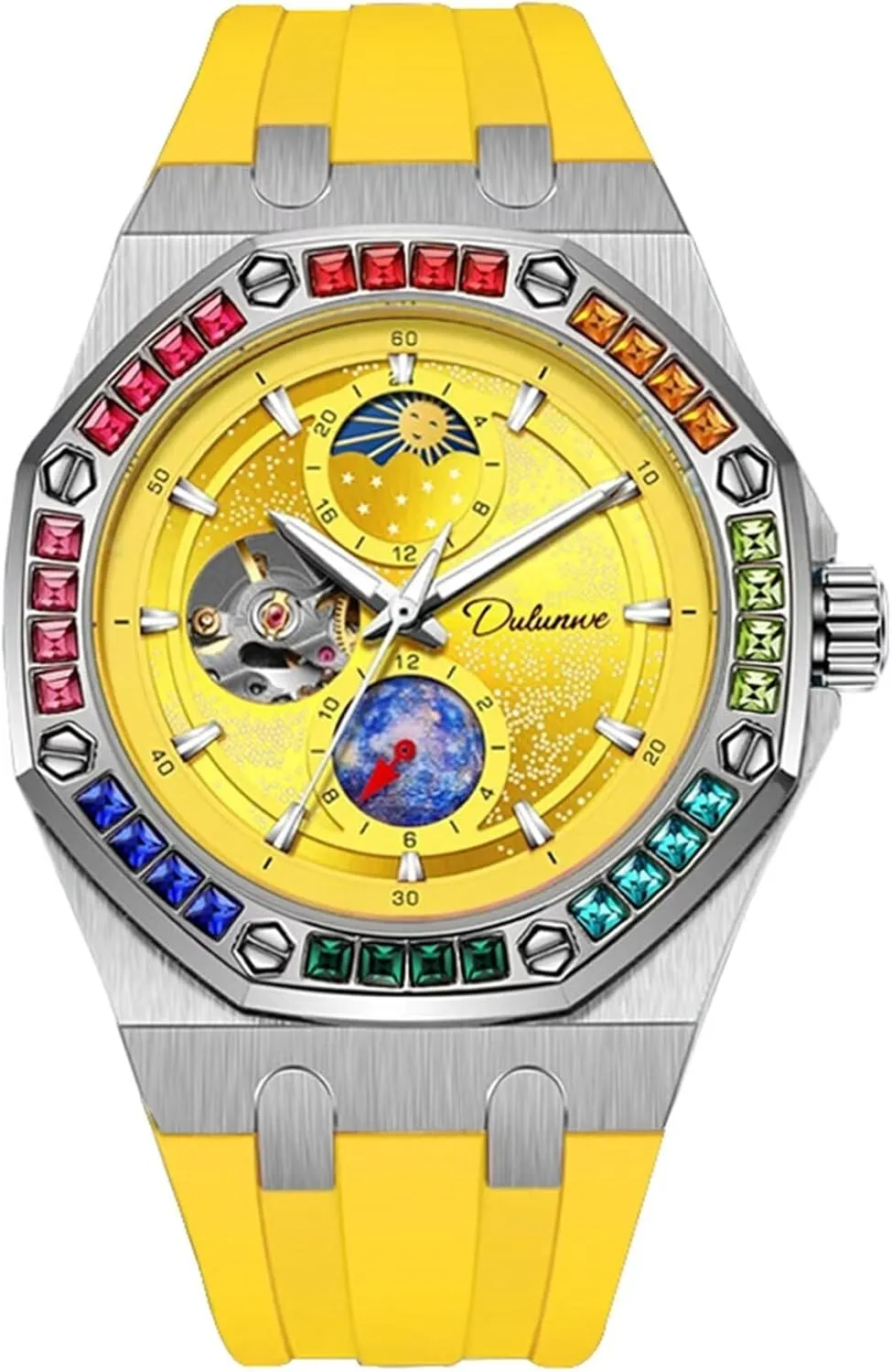 Men Watch Automatic Hand-Winding Wristwatch Fashion Starry Sky Luminous Design Moon Phase Mechanical Watches Color Diamond Big Dial