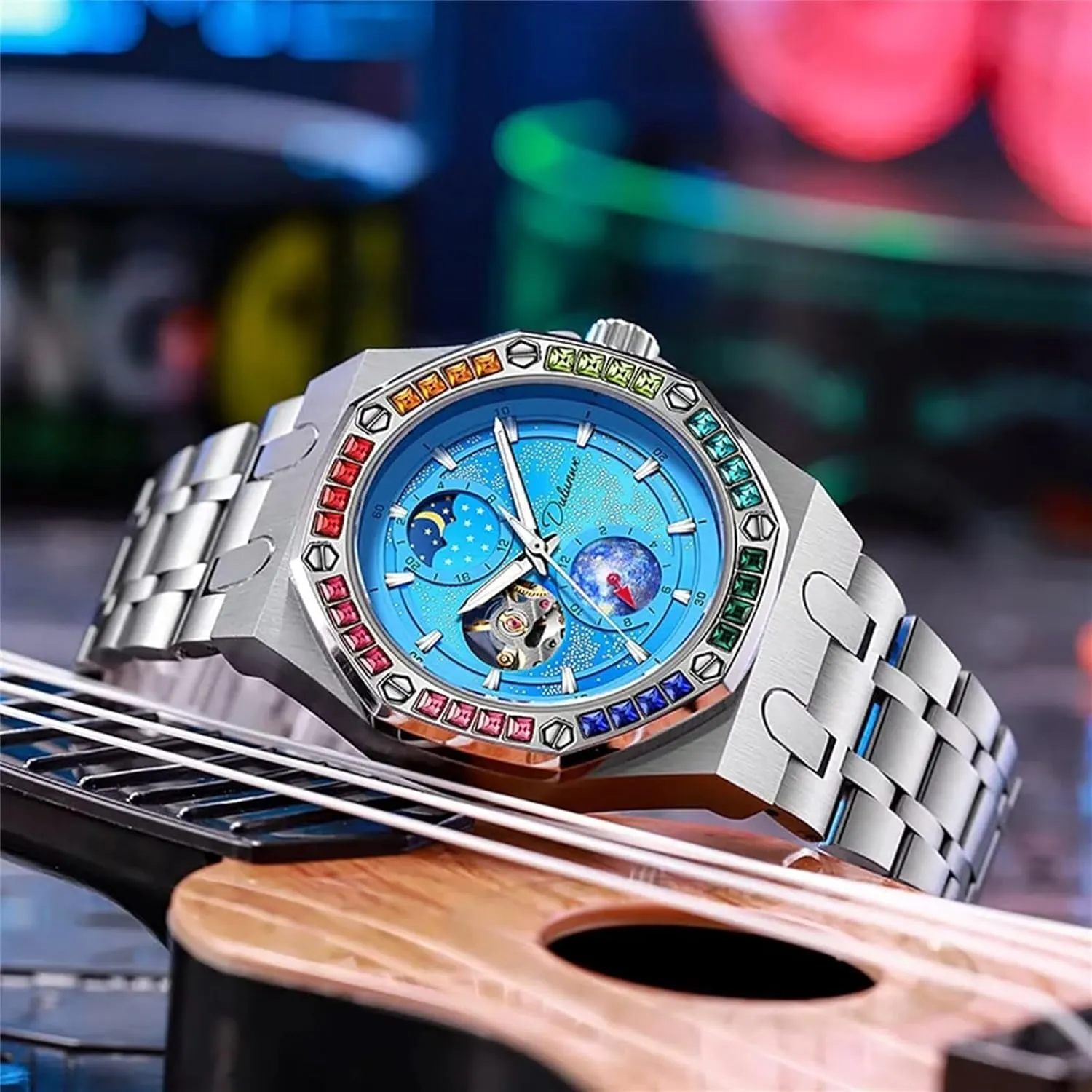 Men Watch Automatic Hand-Winding Wristwatch Fashion Starry Sky Luminous Design Moon Phase Mechanical Watches Color Diamond Big Dial