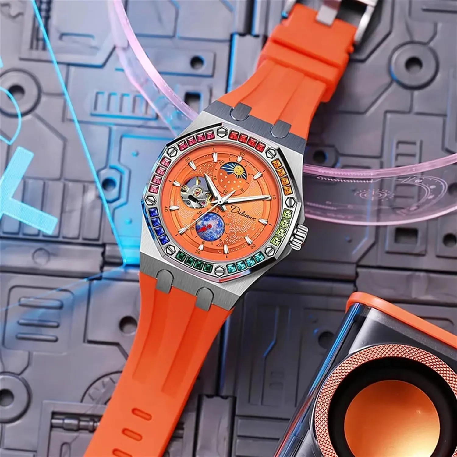 Men Watch Automatic Hand-Winding Wristwatch Fashion Starry Sky Luminous Design Moon Phase Mechanical Watches Color Diamond Big Dial