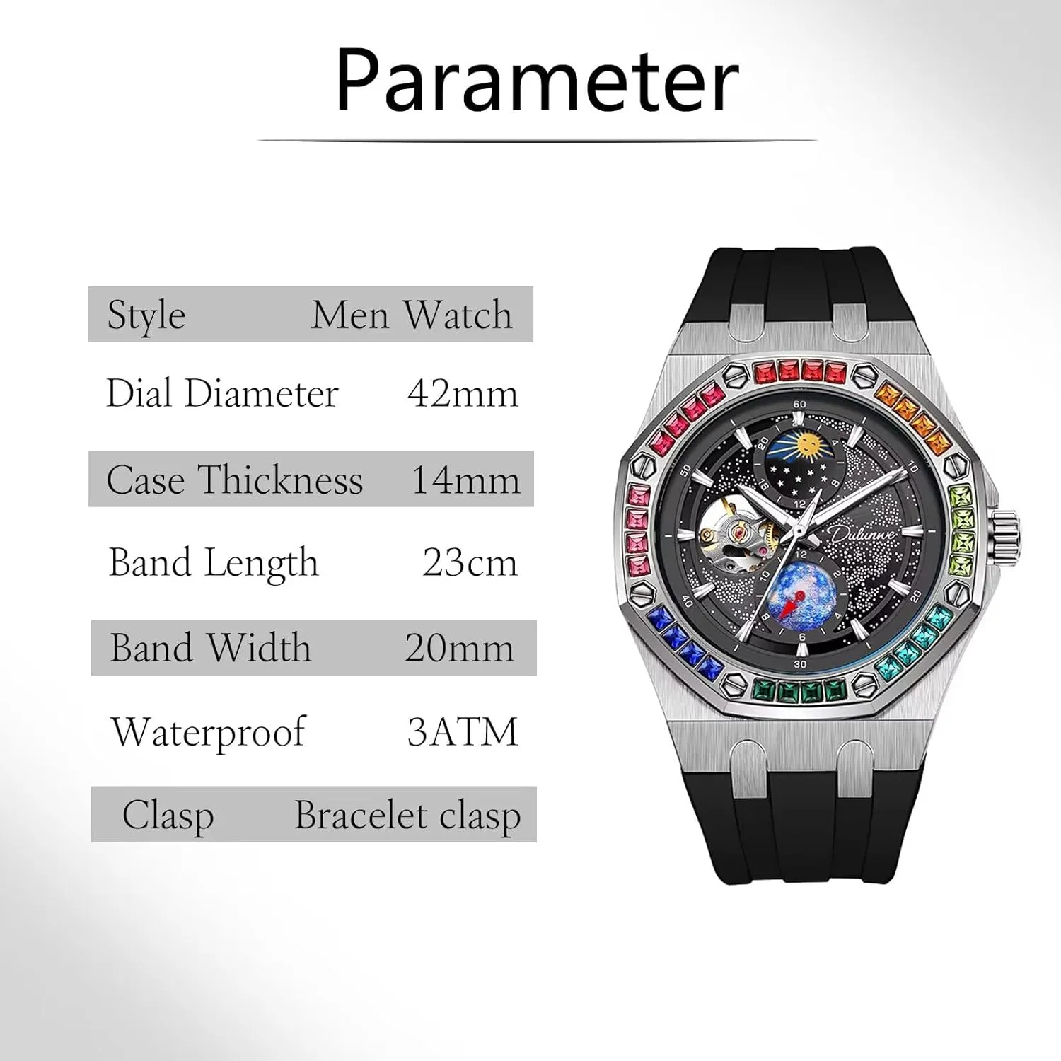 Men Watch Automatic Hand-Winding Wristwatch Fashion Starry Sky Luminous Design Moon Phase Mechanical Watches Color Diamond Big Dial