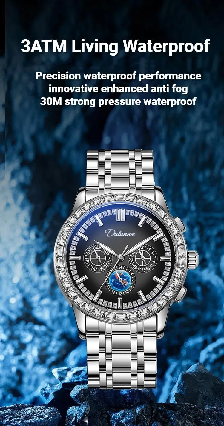 Men's Automatic Watch,43mm Luxury Diamond Mechanical Watches,Multifunction Men Stainless Steel Waterproof Calendar Date Wristwatch