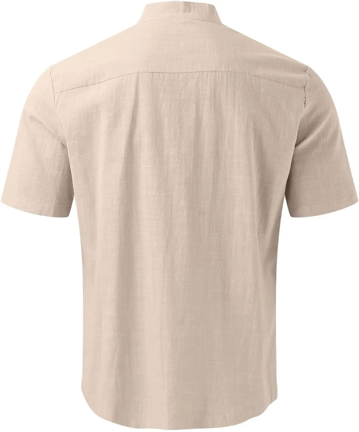 Mens Banded Collar Cotton Linen Shirts, Casual Short Sleeve Button Down Shirts Slim Fit Summer Beach Tops with Pocket