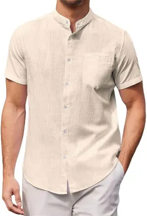 Mens Banded Collar Cotton Linen Shirts, Casual Short Sleeve Button Down Shirts Slim Fit Summer Beach Tops with Pocket