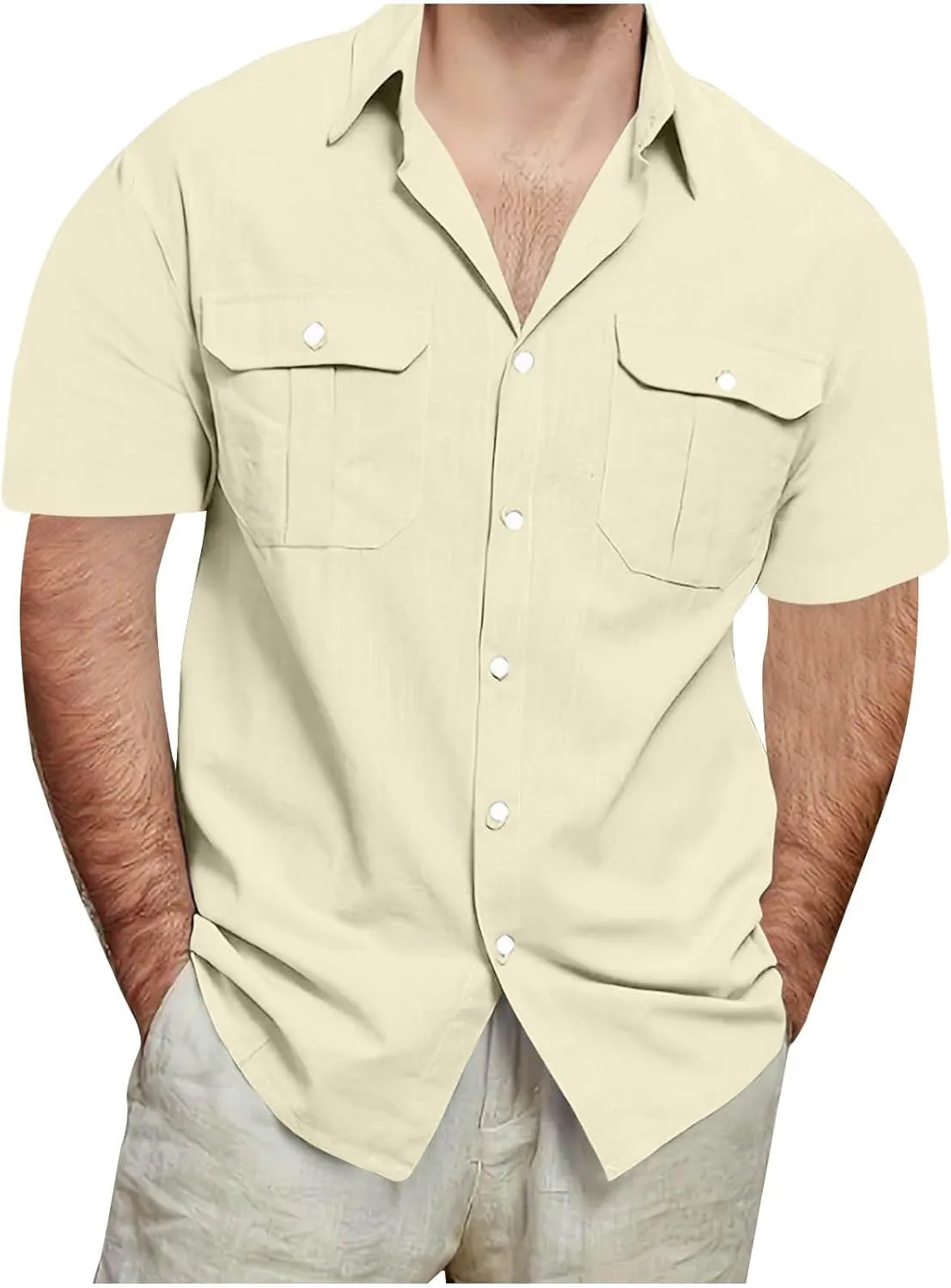 Men's Button Down Short Sleeve Shirt Casual Cotton Linen Beach Tops Plus Size Collared Basic Shirts Holiday Outfits