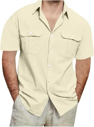 Men's Button Down Short Sleeve Shirt Casual Cotton Linen Beach Tops Plus Size Collared Basic Shirts Holiday Outfits