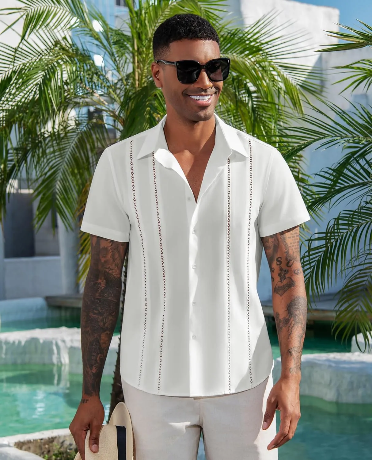 Mens Button Down Short Sleeve Shirts Summer Casual Cuban Guayabera Shirt Beach Wedding Vacation Tops