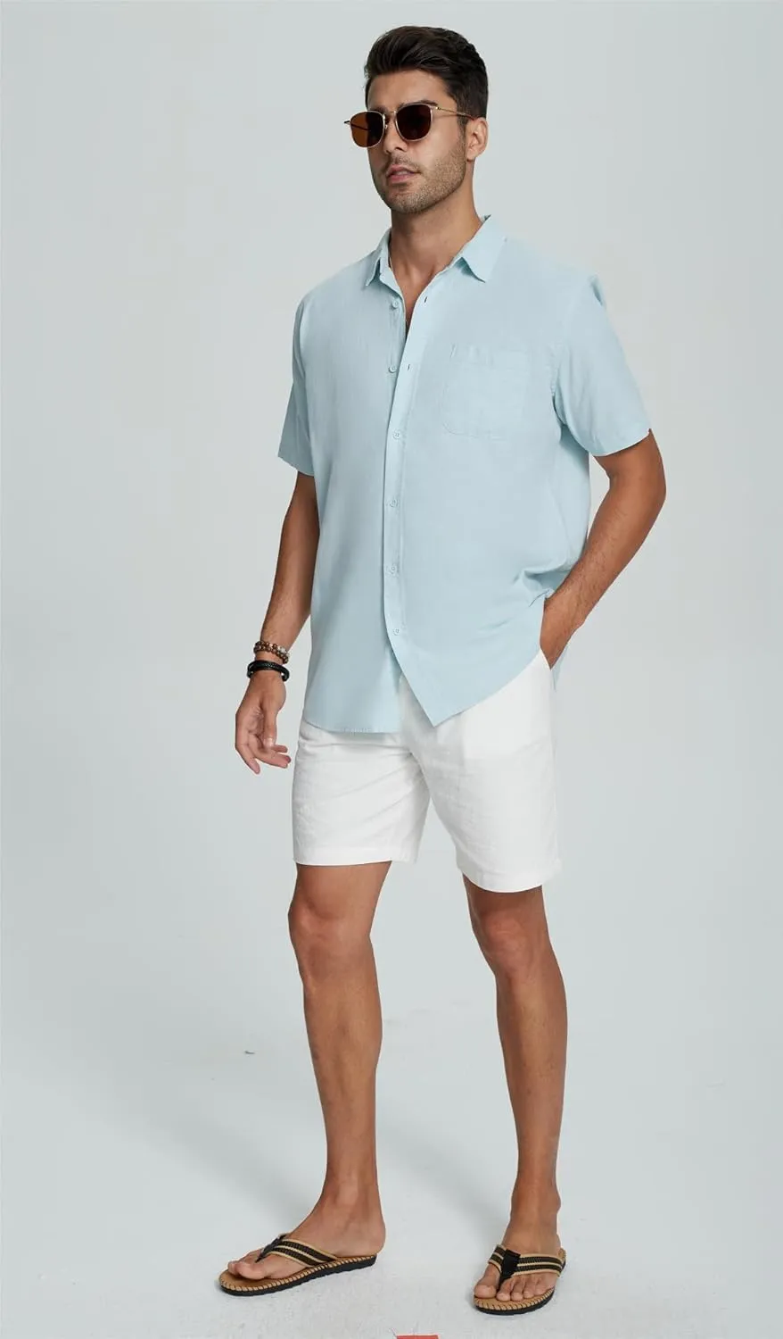 Mens Casual Linen Button Down Short Sleeve Shirts Beach Summer Spread Collar Pocket Tops