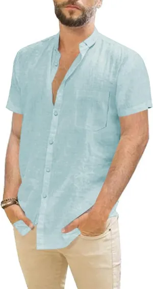 Mens Casual Linen Button Down Short Sleeve Shirts Beach Summer Spread Collar Pocket Tops
