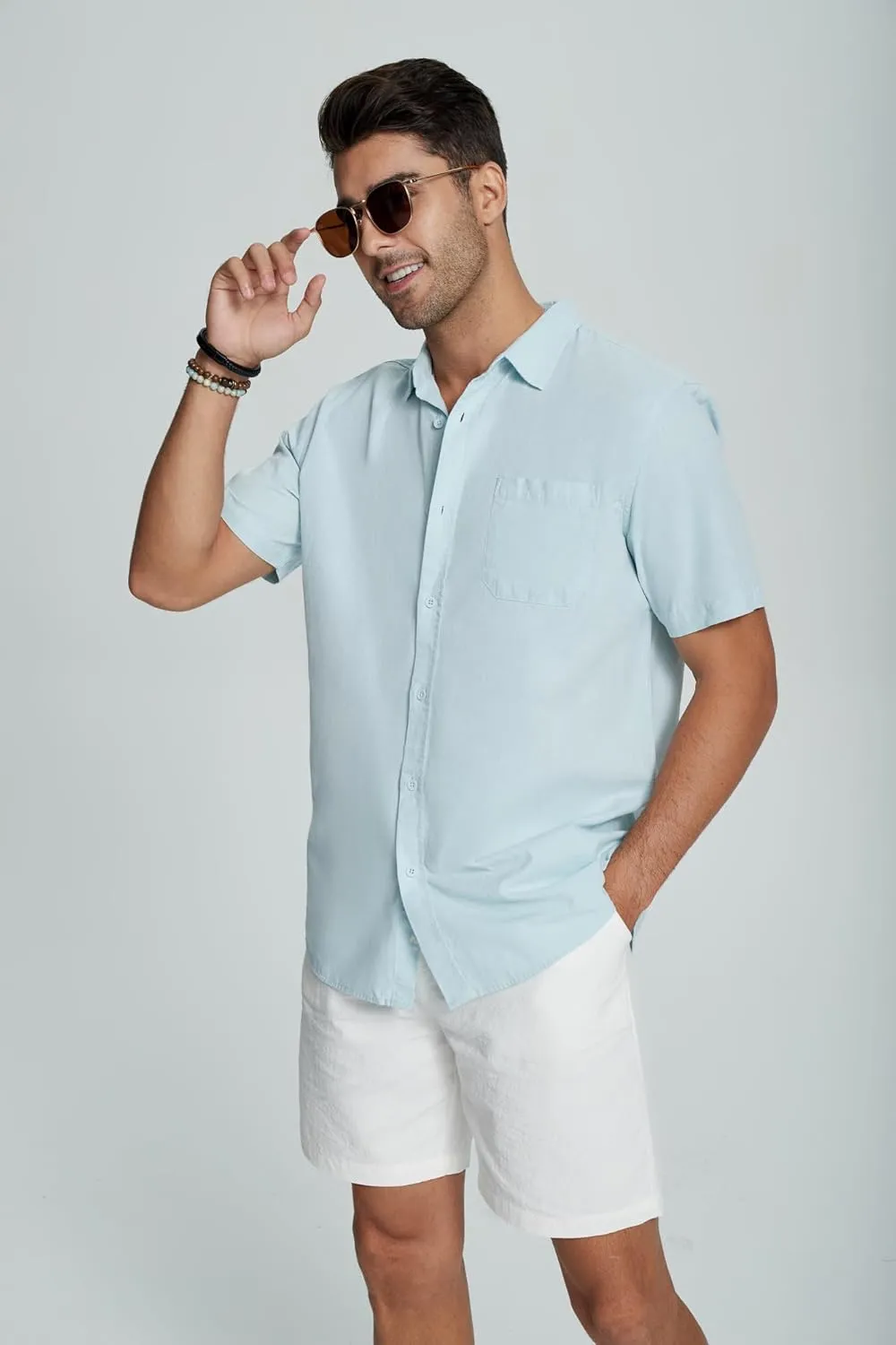 Mens Casual Linen Button Down Short Sleeve Shirts Beach Summer Spread Collar Pocket Tops
