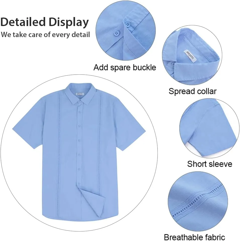 Mens Casual Linen Cotton Button Down Short Sleeve Shirts Cuban Camp Guayabera Beach Tops
