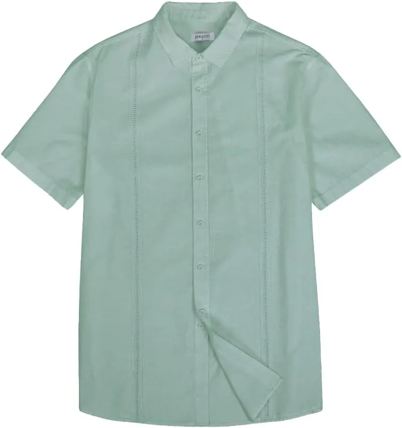 Mens Casual Linen Cotton Button Down Short Sleeve Shirts Cuban Camp Guayabera Beach Tops