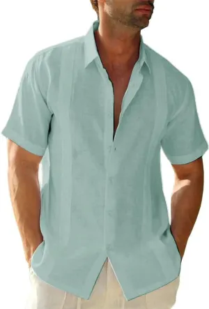 Mens Casual Linen Cotton Button Down Short Sleeve Shirts Cuban Camp Guayabera Beach Tops