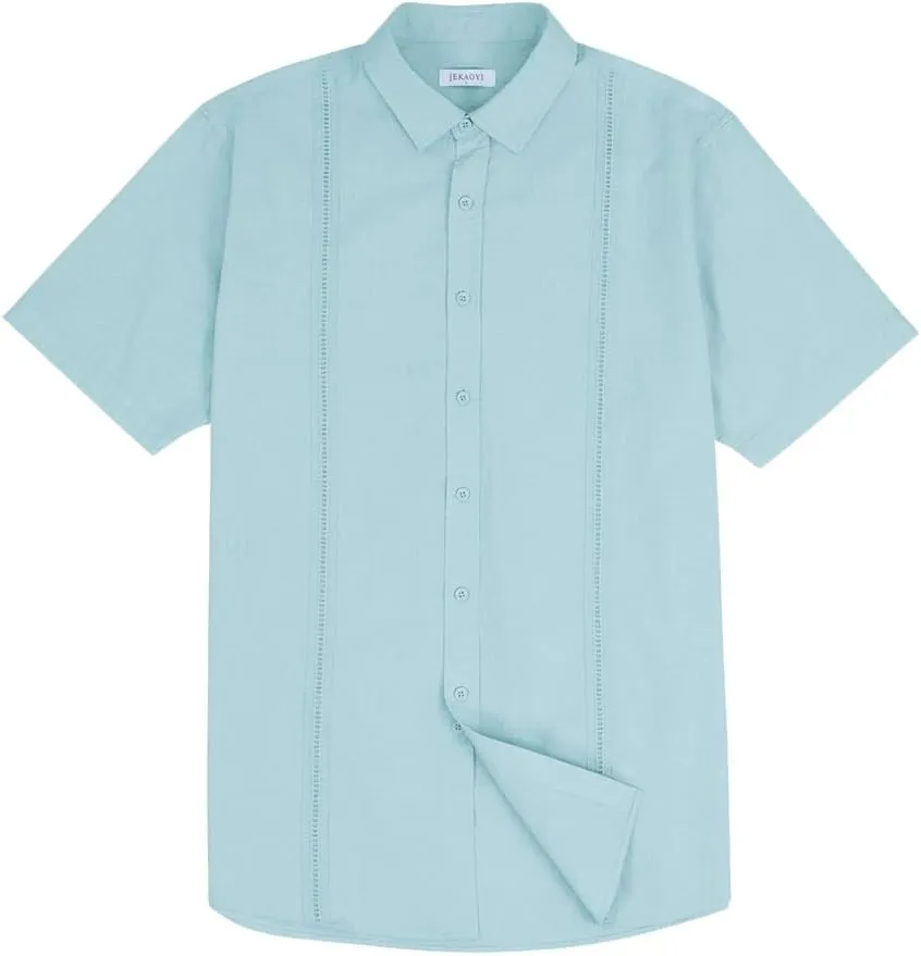 Mens Casual Linen Cotton Button Down Short Sleeve Shirts Cuban Camp Guayabera Beach Tops