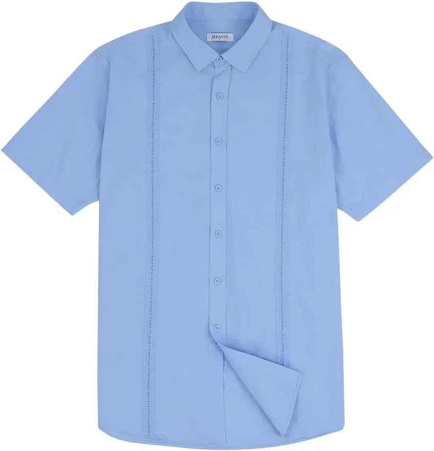 Mens Casual Linen Cotton Button Down Short Sleeve Shirts Cuban Camp Guayabera Beach Tops