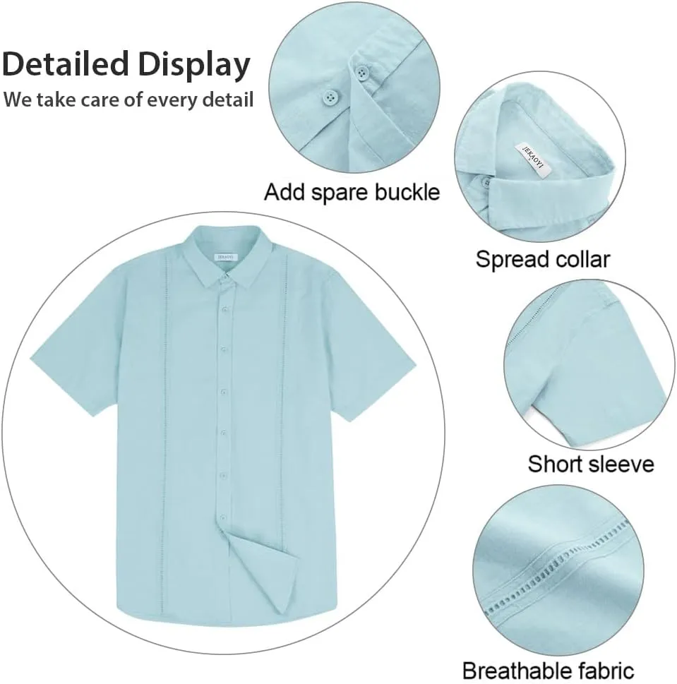 Mens Casual Linen Cotton Button Down Short Sleeve Shirts Cuban Camp Guayabera Beach Tops
