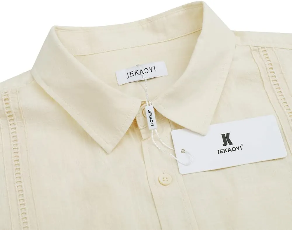 Mens Casual Linen Cotton Button Down Short Sleeve Shirts Cuban Camp Guayabera Beach Tops