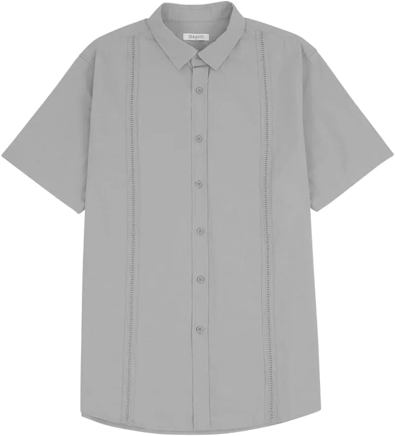 Mens Casual Linen Cotton Button Down Short Sleeve Shirts Cuban Camp Guayabera Beach Tops