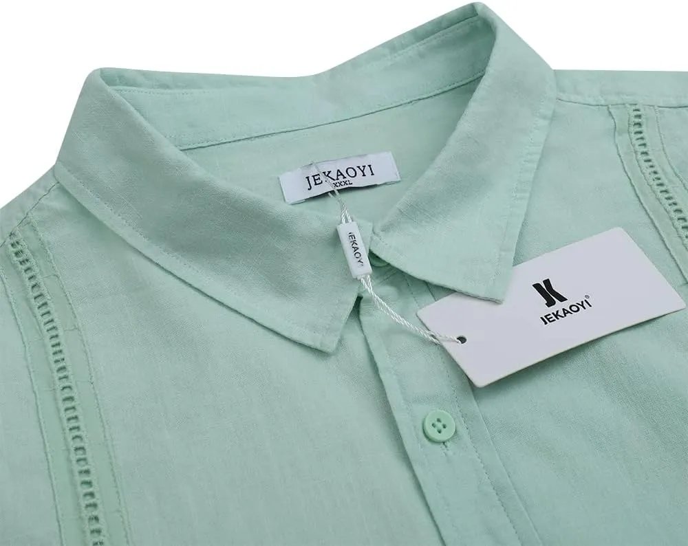 Mens Casual Linen Cotton Button Down Short Sleeve Shirts Cuban Camp Guayabera Beach Tops