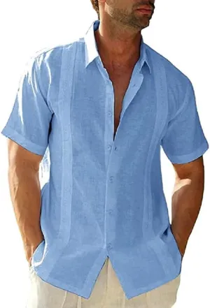 Mens Casual Linen Cotton Button Down Short Sleeve Shirts Cuban Camp Guayabera Beach Tops